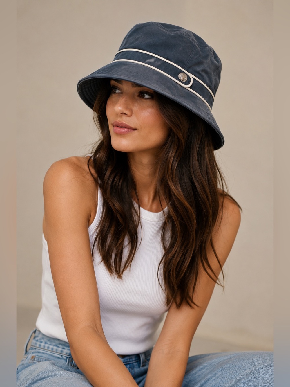 Coach Navy Blue with White Leather Trim Turnlock Bucket Hat Size P/S - Picture 1 of 7
